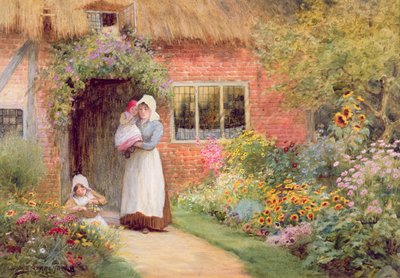 Mutter und Kinder vor einem Cottage von Arthur Claude Strachan